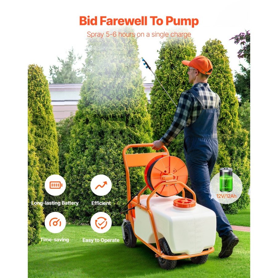 VEVOR Lawn Sprayer with Wheels, Adjustable Pressure 0-90 PSI, Sprayer with 60L Tank, with 8 Nozzles, 2 Wands, Wide Opening Lid for Garden, Weeding, Spraying
