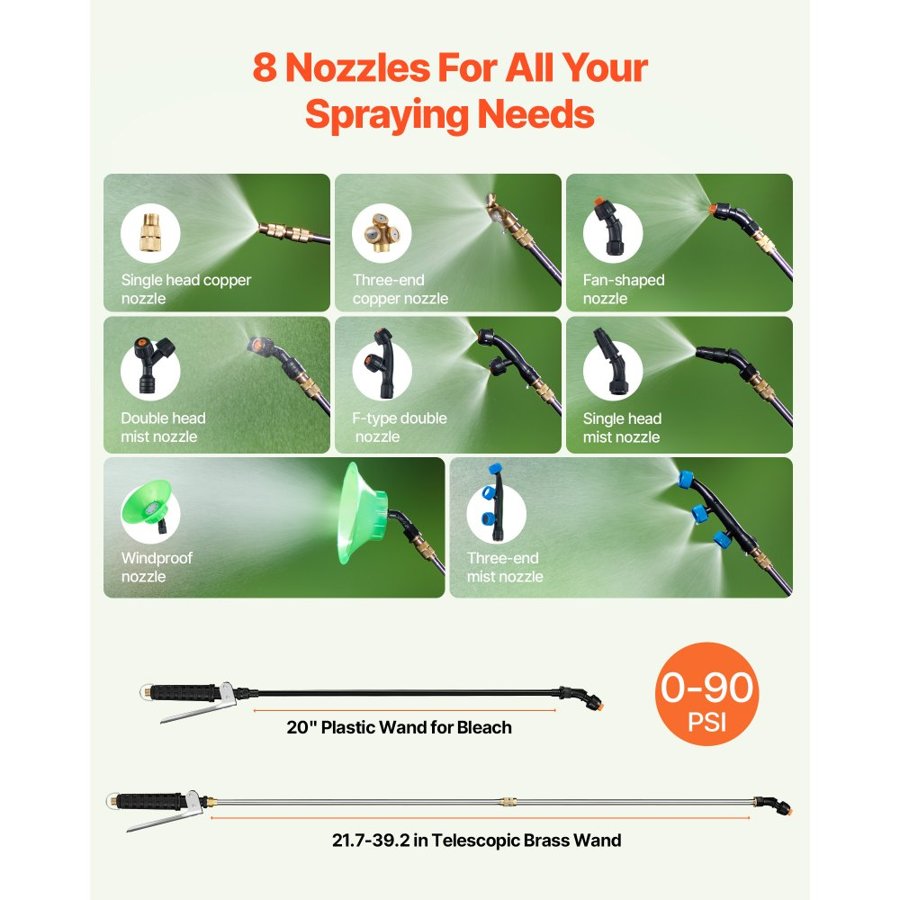 VEVOR Lawn Sprayer with Wheels, Adjustable Pressure 0-90 PSI, Sprayer with 60L Tank, with 8 Nozzles, 2 Wands, Wide Opening Lid for Garden, Weeding, Spraying