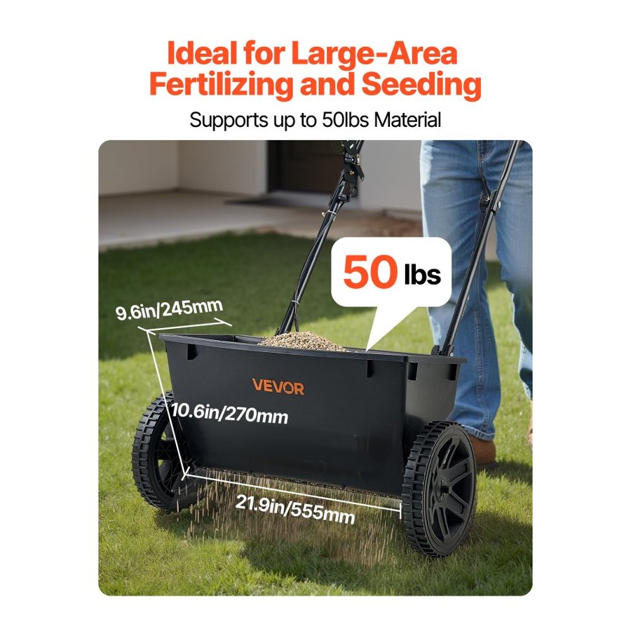VEVOR Walk-Behind Push Spreader, 50LBS Capacity, Drop Spreader with Hopper Grate, 18 in Spreading Width & 30 Settings, 10 in All Terrain Tires, Garden & Lawn Spreaders for Seed, Fertilizer
