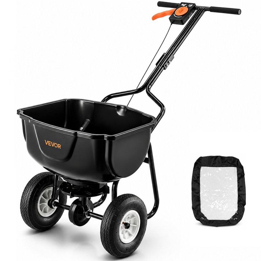 VEVOR Walk Behind Spreader, 60LBS Capacity, Push Spreader with Hopper Grate, 0-9.8 ft Spreading Width, 8 in All Terrain Pneumatic Tires, Garden & Lawn Broadcast Spreaders, for Seed, Fertilizer