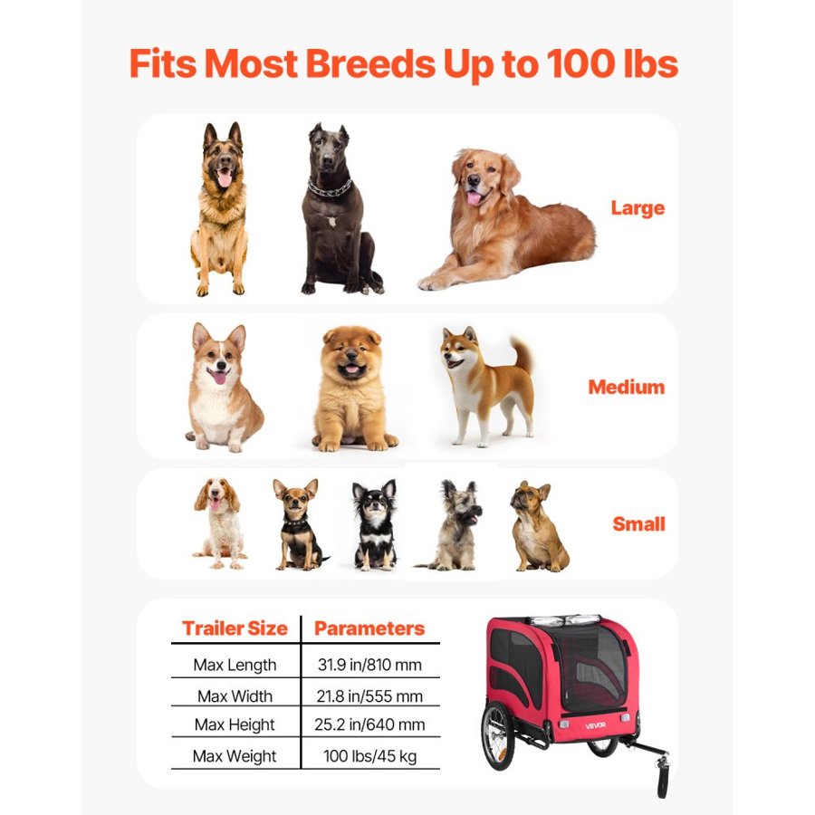 VEVOR Dog Bike Trailer 100 lbs – 31.9x21.9x25.2in, Coupler