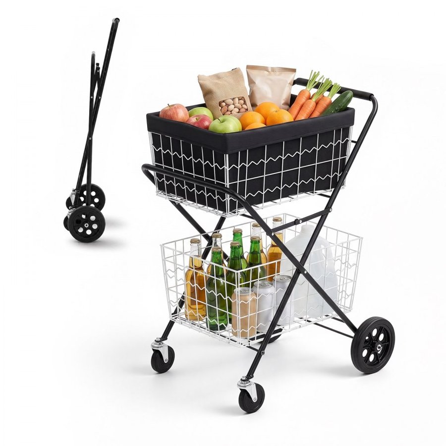 VEVOR Shopping Cart 2-Tier with Wheels Foldable for Grocery 88lbs Capacity, Heavy Duty Utility Cart with 2 Detachable Storage Baskets, 360° Rolling Swivel Wheels, for Groceries, Warehouse, Supermarket