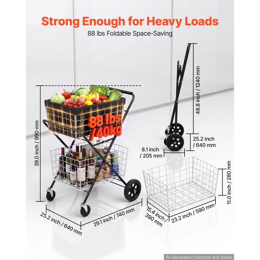 VEVOR Shopping Cart 2-Tier with Wheels Foldable for Grocery 88lbs Capacity, Heavy Duty Utility Cart with 2 Detachable Storage Baskets, 360° Rolling Swivel Wheels, for Groceries, Warehouse, Supermarket