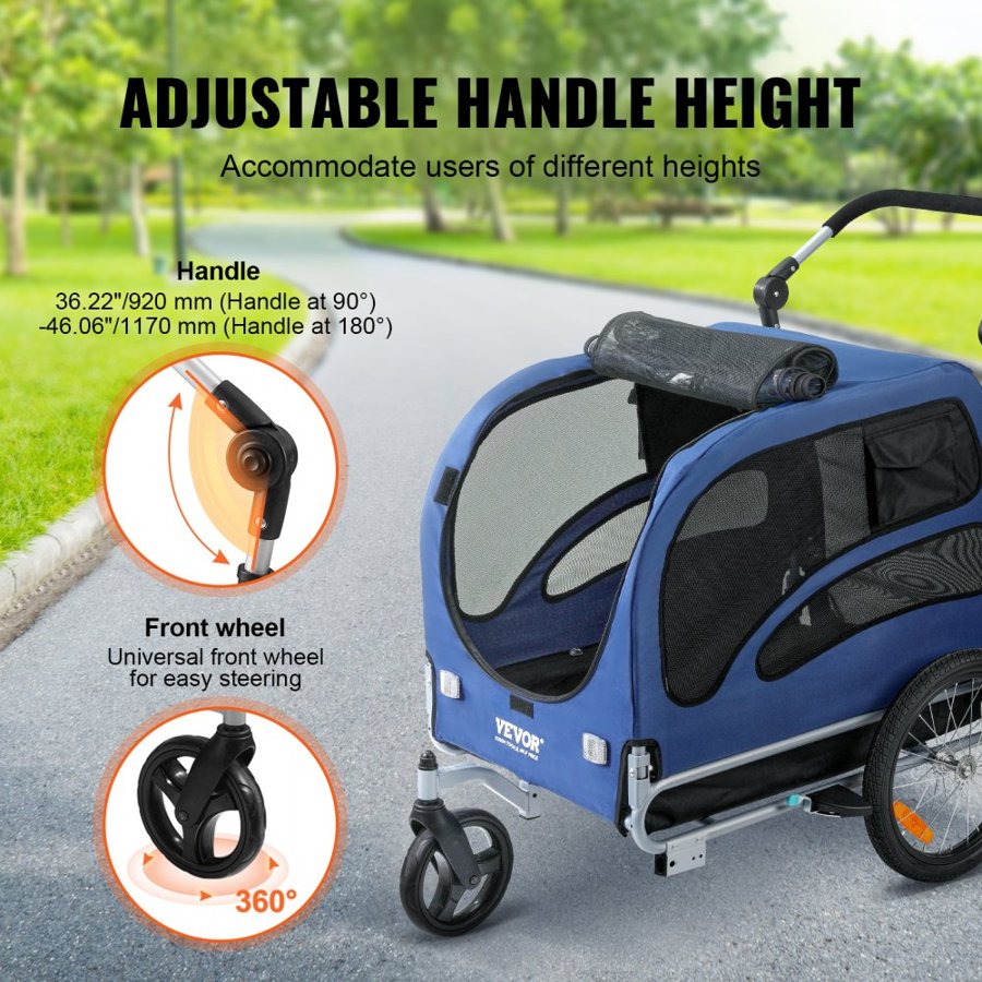 VEVOR Dog Bike Trailer, Supports up to 100 lbs, 2-in-1 Pet Stroller Cart Bicycle Carrier, Easy Folding Cart Frame with Quick Release Wheels, Universal Bicycle Coupler, Reflectors, Flag, Blue/Black