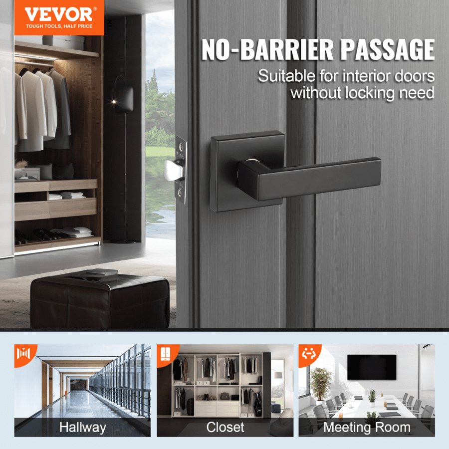 VEVOR Passage Door Handle, 5 Pack Matte Black Door Lever, Left or Right Handing Reversible Lever Non-Locking, 45° Rotation to Open, Universal Square Interior for Hallways, Closets, Meeting Spaces