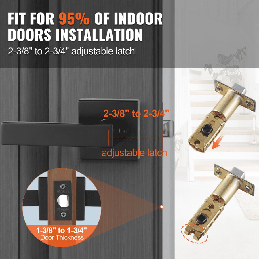 VEVOR Passage Door Handle, 6 Pack Matte Black Door Lever, Left or Right Handing Reversible Lever Non-Locking, 45° Rotation to Open, Universal Square Interior for Hallways, Closets, Meeting Spaces
