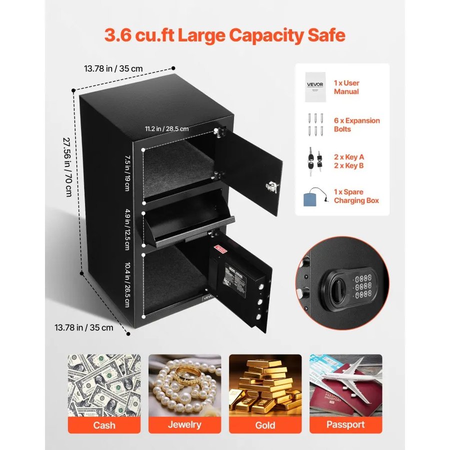 VEVOR Front Loading Depository Safe – 3.6 Cu. Ft,  3 Tier