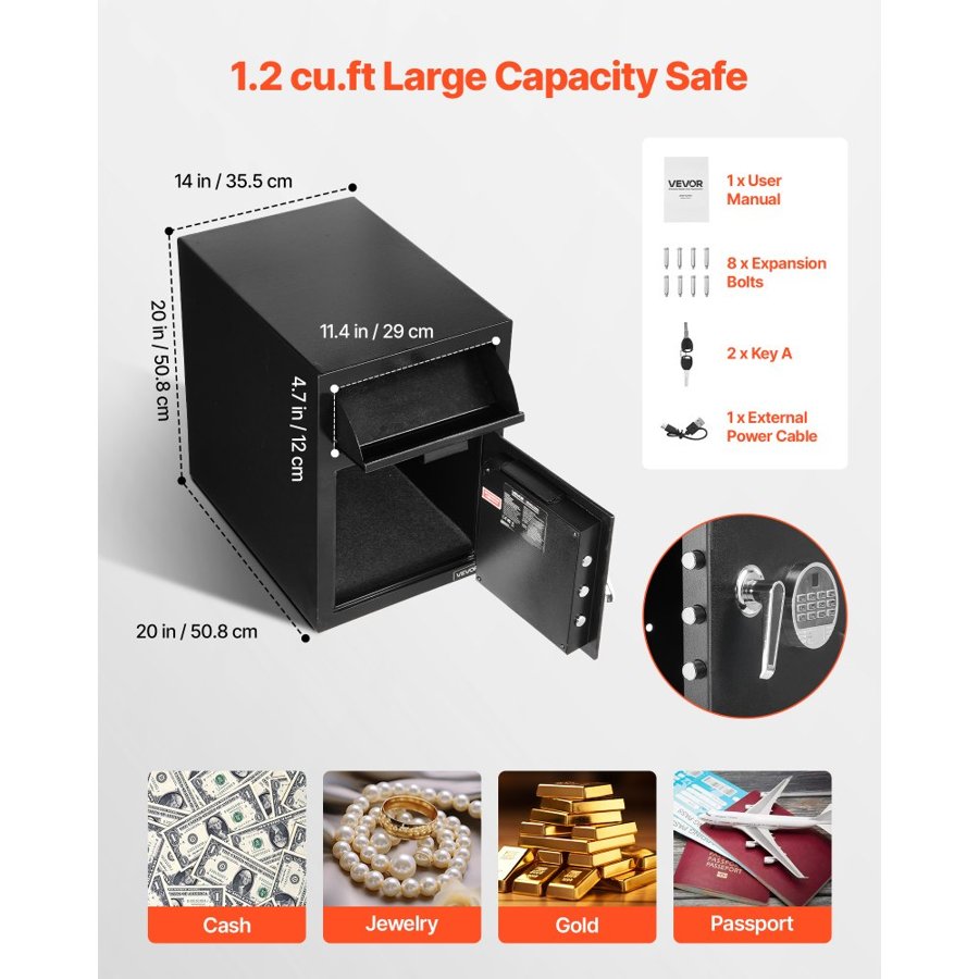 VEVOR Cash Drop Box Safe – 1.2 Cubic, 2 Tiers, 4-8 digit PIN