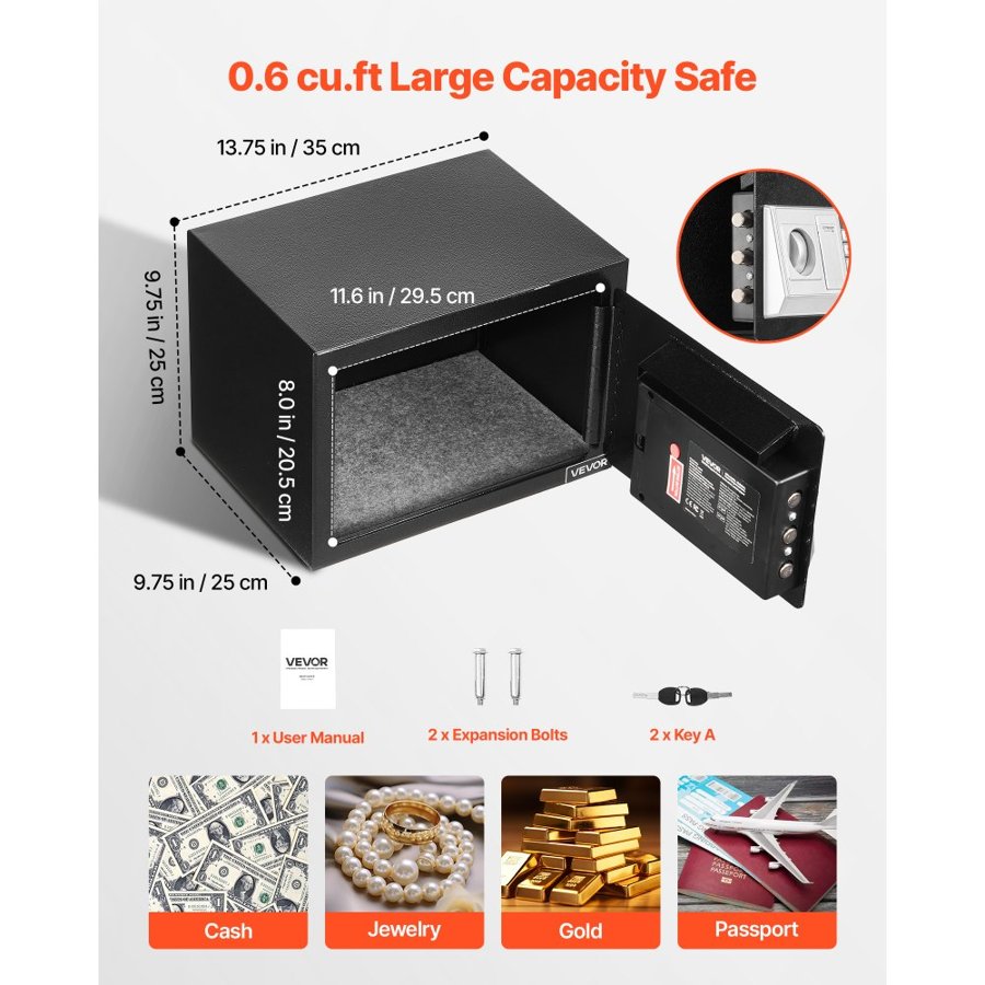 VEVOR Drop Box Safe – 0.6 cu.ft, 0.6 In Bolts, 1-8 Digit PIN