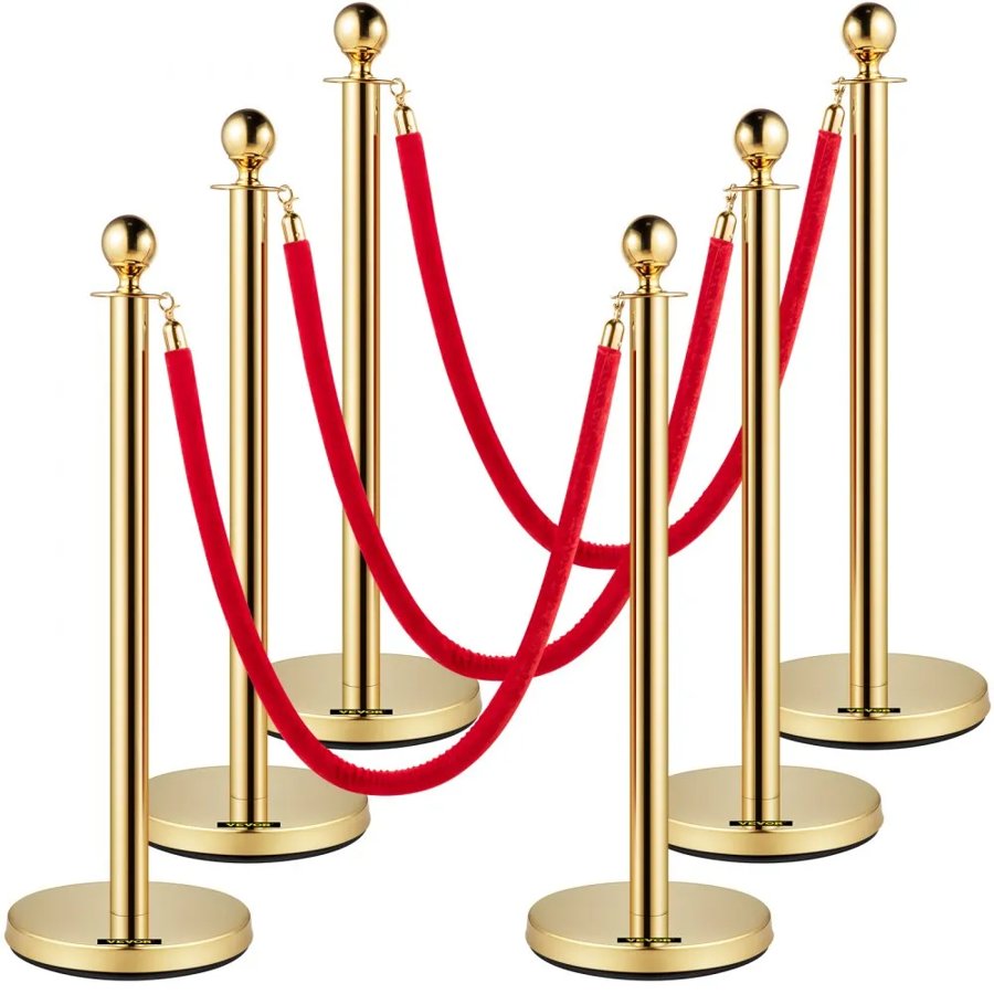 VEVOR Velvet Ropes and Posts, 5 ft/1.5 m Red Rope, Stainless Steel Gold Stanchion with Ball Top, Red Crowd Control Barrier Used for Theaters, Party, Wedding, Exhibition, Ticket Offices Pack Sets (6)