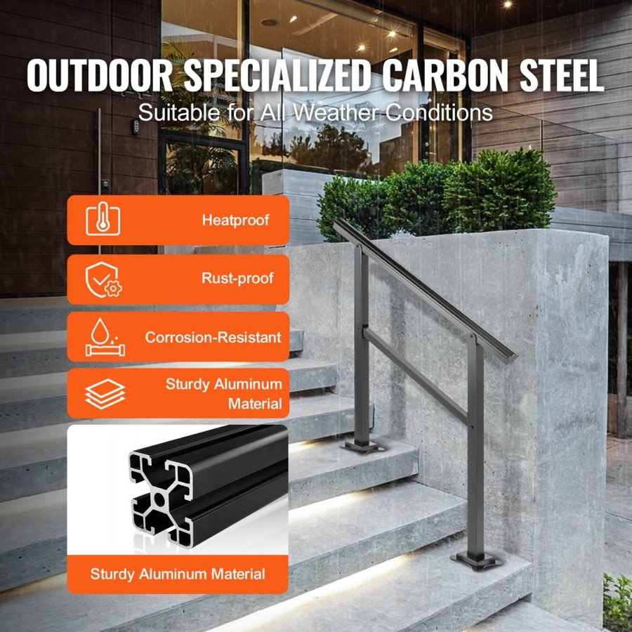 VEVOR Outdoor Handrail 74.8 kg Load Handrail Outdoor Stairs Aluminum Stair Handrail 91.4x88.9 cm Outdoor Stair Railing Transitional Range from 0 to 50° Staircase Handrail Fits 2-3 Steps with Screw Kit