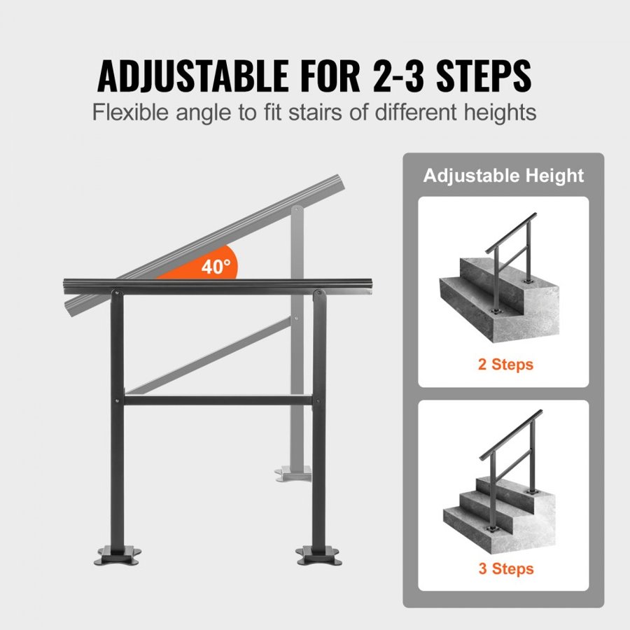 VEVOR Outdoor Handrail 74.8 kg Load Handrail Outdoor Stairs Aluminum Stair Handrail 91.4x88.9 cm Outdoor Stair Railing Transitional Range from 0 to 50° Staircase Handrail Fits 2-3 Steps with Screw Kit