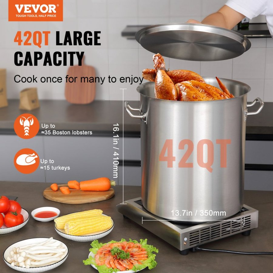 VEVOR Stainless Steel Stockpot, 39.7 L Large Cooking Pots, Multipurpose Cookware Sauce Pot with Lid & Handle, Heavy Duty Commercial Grade Stock Pot, Sanding Treatment, for Large Groups Events Silver