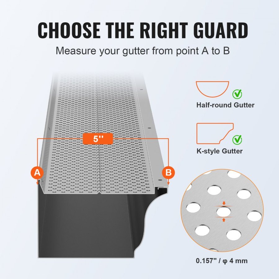 VEVOR Gutter Guard, 5 inch Width, Aluminum Leaf Filter DIY Gutter Cover, 26 PCS 104 ft Total Length, 0.157'' Hole Diameter & 0.02'' Thick Raptor Gutter Guards Fits Any Roof or Gutter Type