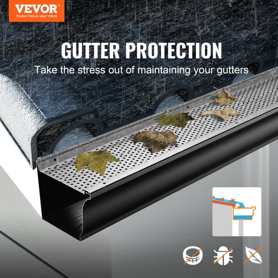 VEVOR Gutter Guard, 127 mm Width, Aluminum Leaf Filter DIY Gutter Cover, 52 PCS 63.4 m Total Length, 4 mm Hole Diameter & 0.5 mm Thick Raptor Gutter Guards Fits Any Roof or Gutter Type