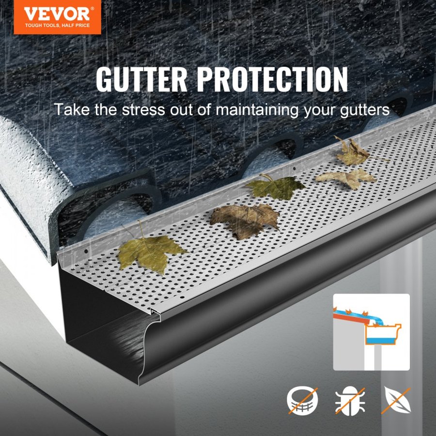 VEVOR Gutter Guard, 152mm Width, Aluminum Leaf Filter DIY Gutter Cover, 26 PCS 264cm Total Length, 4mm Hole Diameter & 0.5mm Thick Raptor Gutter Guards Fits Any Roof or Gutter Type