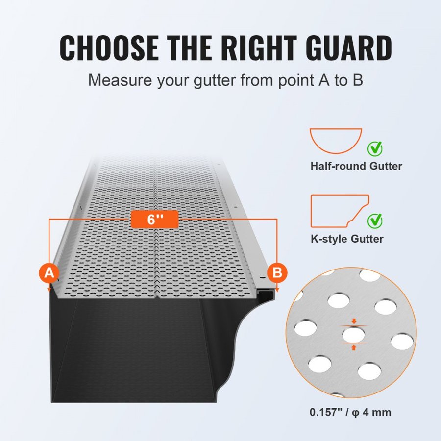 VEVOR Gutter Guard, 152mm Width, Aluminum Leaf Filter DIY Gutter Cover, 52 PCS 528cm Total Length, 4mm Hole Diameter & 0.5mm Thick Raptor Gutter Guards Fits Any Roof or Gutter Type