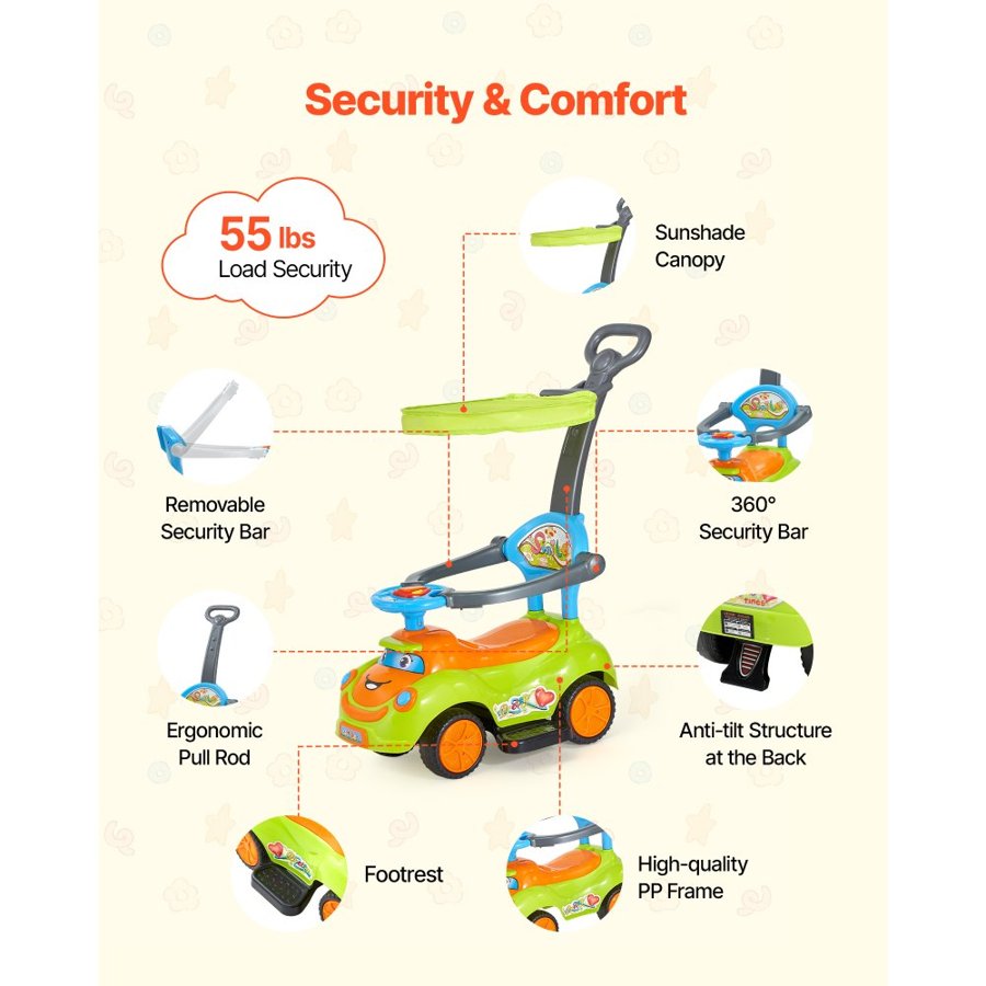 VEVOR Ride On Push Car, Push Car for Toddler 19 to 36 Months, Around Buggy with Guardrails, Handle & Under-seat Storage, 25 kg Load Capacity, Foot-to-Floor Walker for Boys Girls, Green