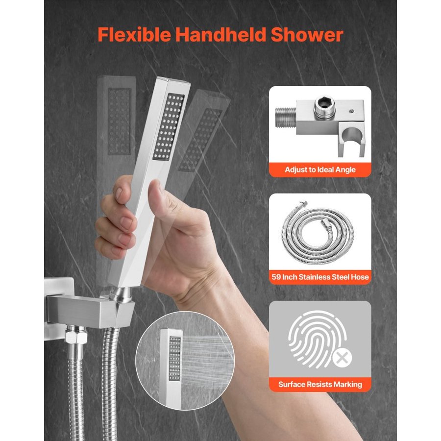 VEVOR Shower Faucet Set, Rainfall Bathroom Shower System with 12-Inch (30.5cm) Square Rain Shower Head and Handheld Spray, Ceiling Mount Bath Fixtures with Brass Valve and Trim Kit, Brushed Nickel