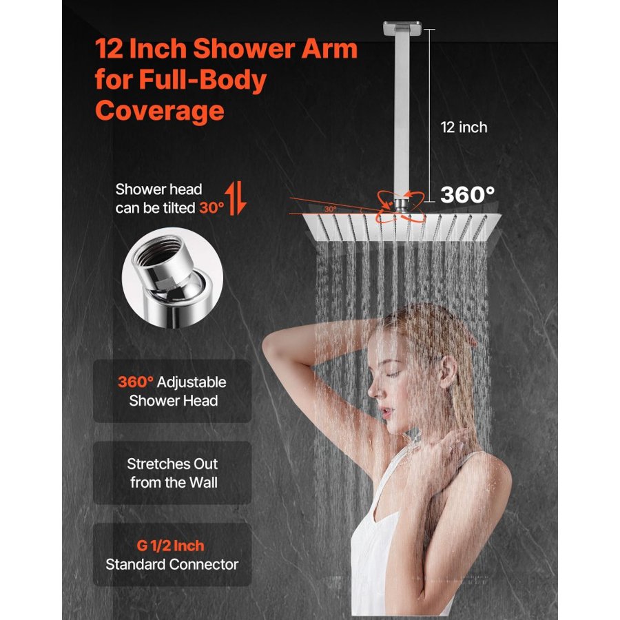 VEVOR Shower Faucet Set, Rainfall Bathroom Shower System with 12-Inch (30.5cm) Square Rain Shower Head and Handheld Spray, Ceiling Mount Bath Fixtures with Brass Valve and Trim Kit, Brushed Nickel