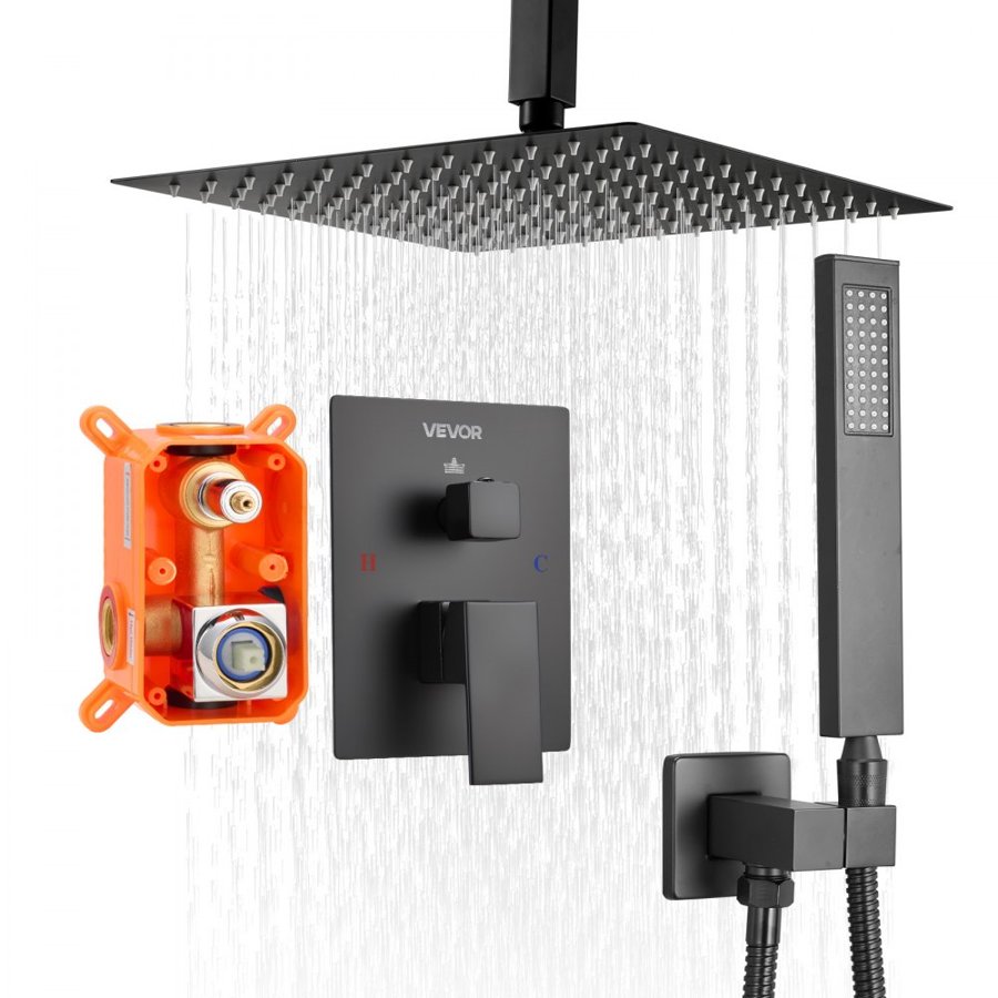VEVOR Shower Faucet Set, Rainfall Bathroom Shower System with 12-Inch (30.5cm) Square Rain Shower Head and Handheld Spray, Ceiling Mount Bath Fixtures with Brass Valve and Trim Kit, Matte Black