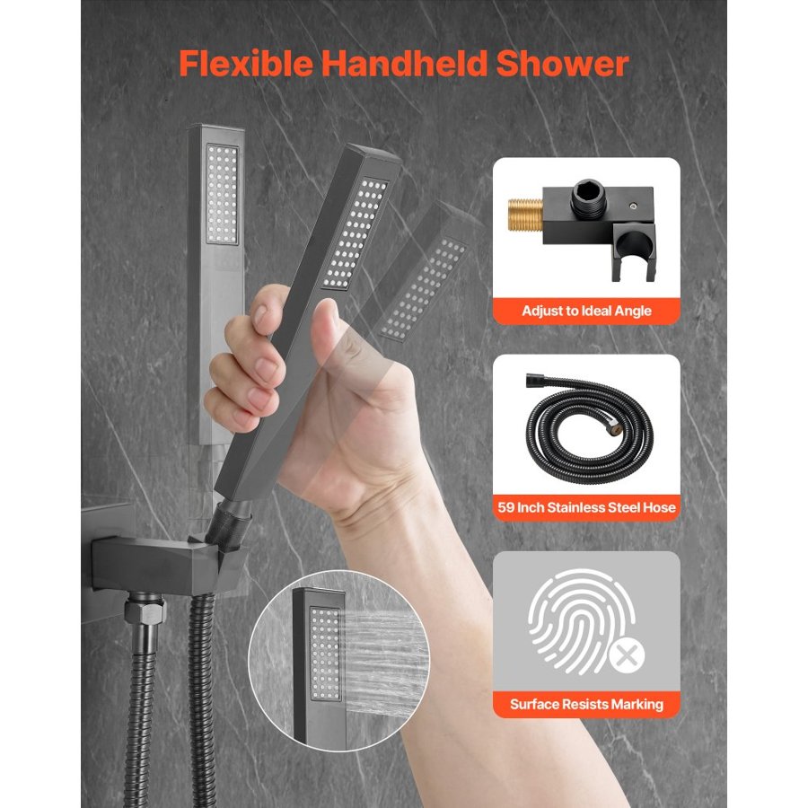 VEVOR Shower Faucet Set, Rainfall Bathroom Shower System with 12-Inch (30.5cm) Square Rain Shower Head and Handheld Spray, Ceiling Mount Bath Fixtures with Brass Valve and Trim Kit, Matte Black