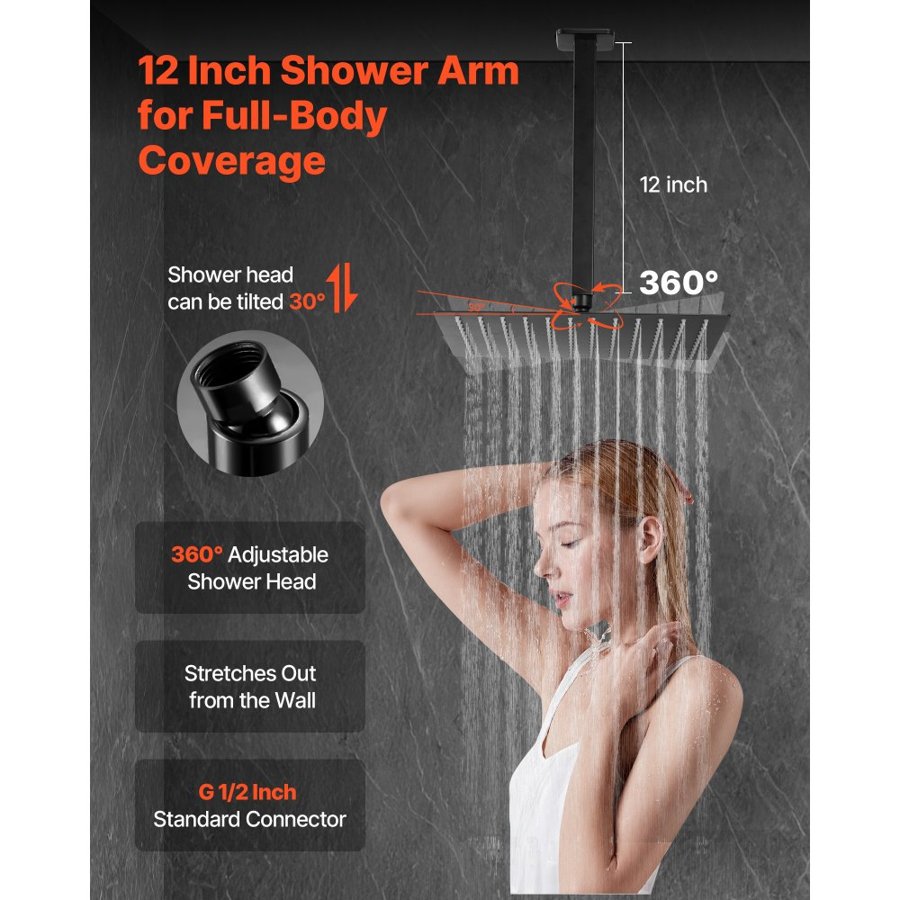 VEVOR Shower Faucet Set, Rainfall Bathroom Shower System with 12-Inch (30.5cm) Square Rain Shower Head and Handheld Spray, Ceiling Mount Bath Fixtures with Brass Valve and Trim Kit, Matte Black