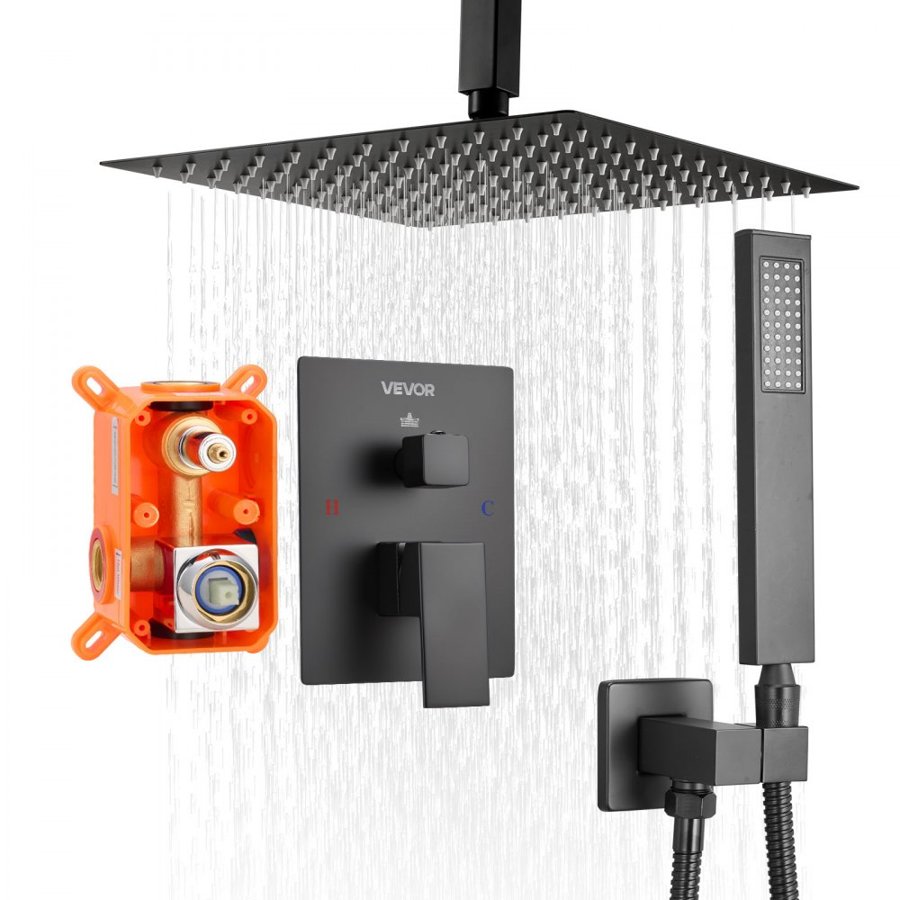 VEVOR Shower Faucet Set, Rainfall Bathroom Shower System with 10-Inch (25.4cm) Square Rain Shower Head and Handheld Spray, Ceiling Mount Bath Fixtures with Brass Valve and Trim Kit, Matte Black
