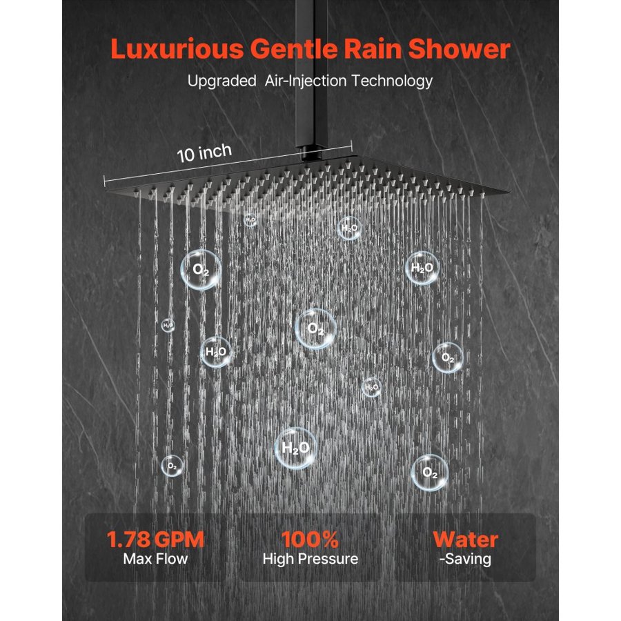 VEVOR Shower Faucet Set, Rainfall Bathroom Shower System with 10-Inch (25.4cm) Square Rain Shower Head and Handheld Spray, Ceiling Mount Bath Fixtures with Brass Valve and Trim Kit, Matte Black