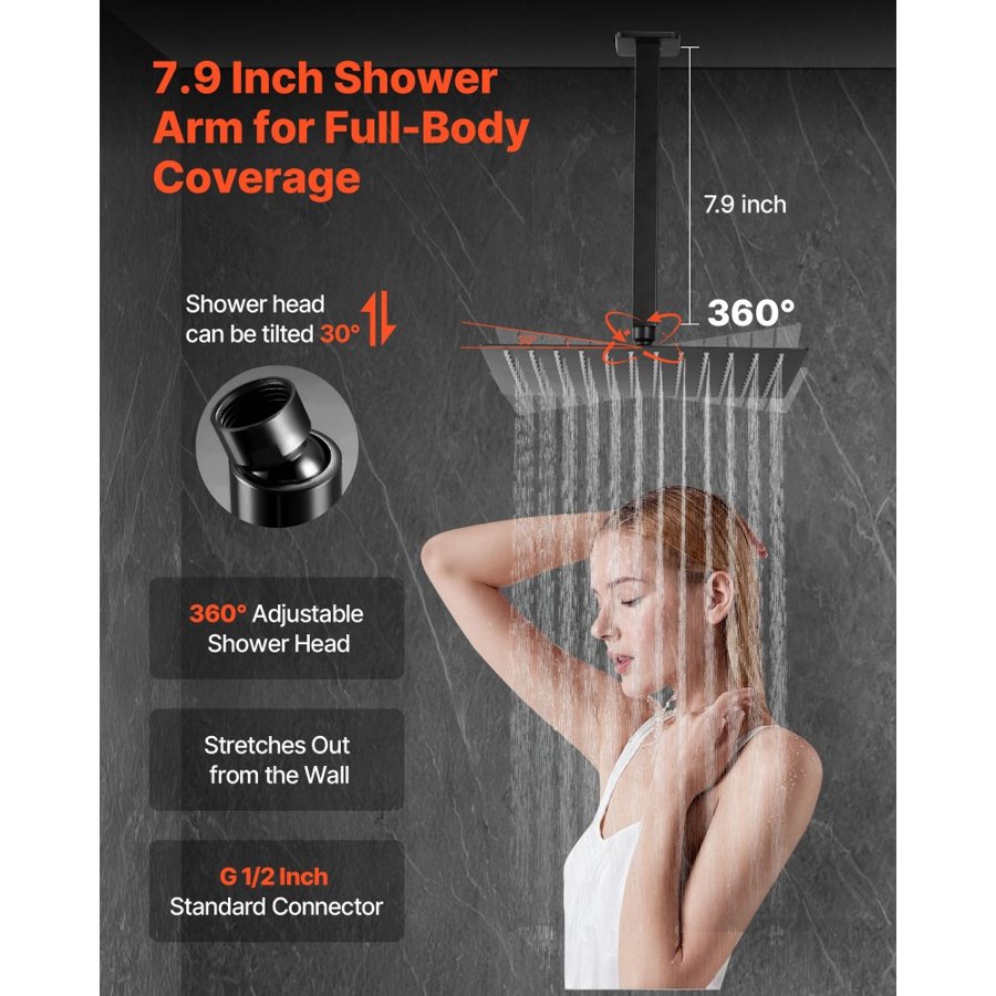 VEVOR Shower Faucet Set, Rainfall Bathroom Shower System with 10-Inch (25.4cm) Square Rain Shower Head and Handheld Spray, Ceiling Mount Bath Fixtures with Brass Valve and Trim Kit, Matte Black