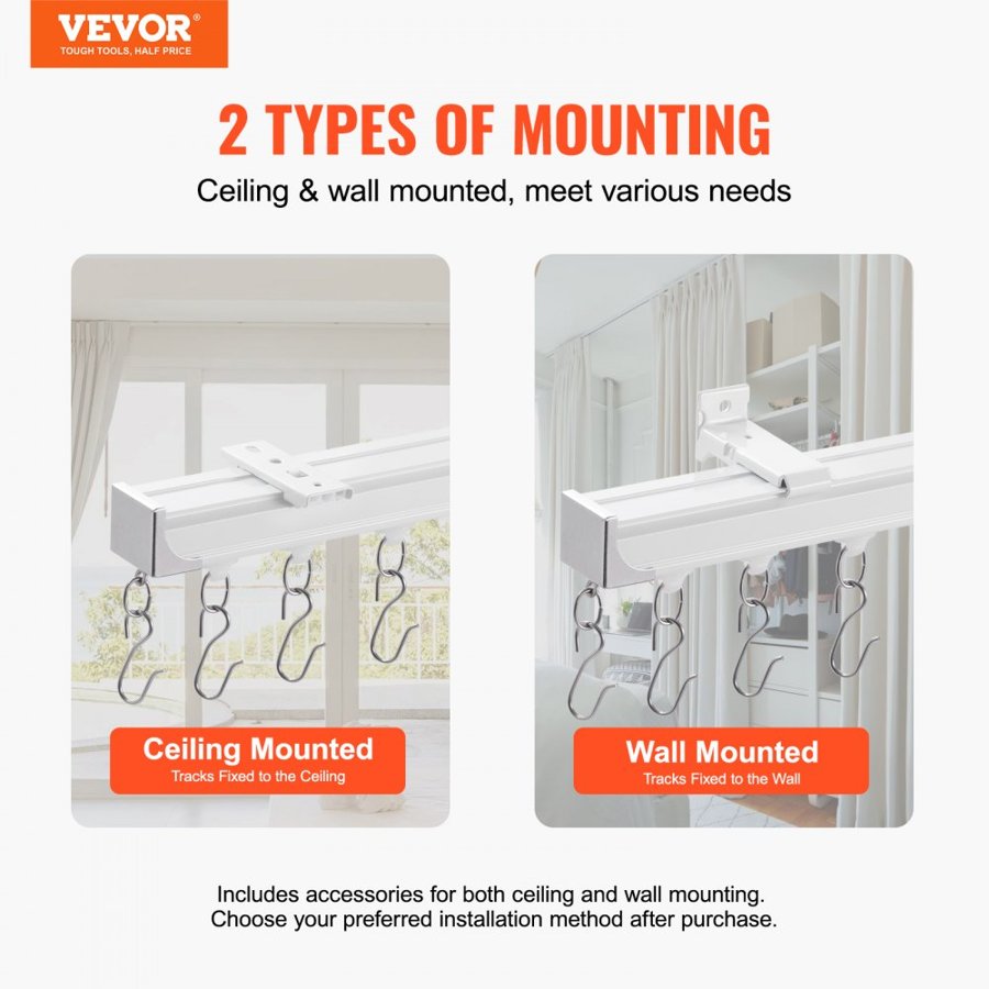 VEVOR Ceiling Curtain Track Set, 11.8 FT/3.6 Meter, Sliding Ceiling Track System for Curtains, Room Divider Curtain Track Ceiling/Wall Mounted for Living Room Bedroom with Hooks and Hardware, White