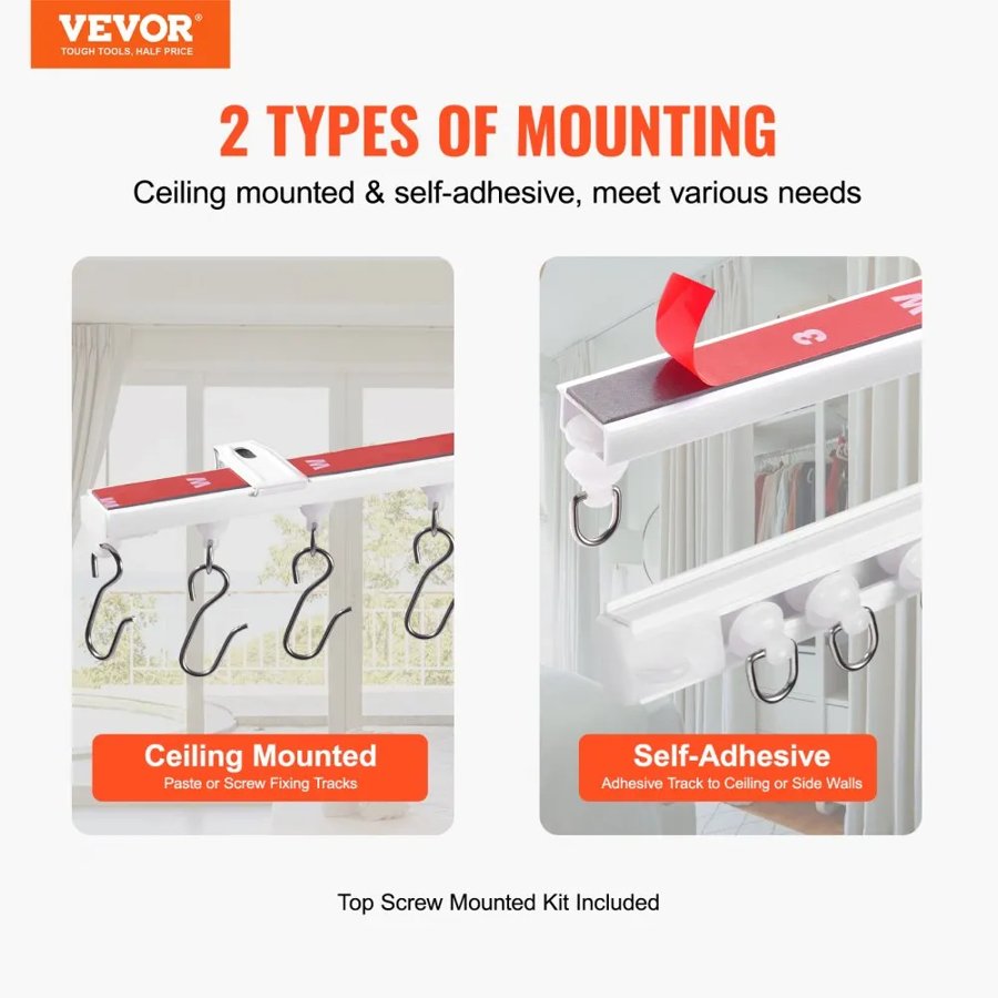 VEVOR Ceiling Curtain Track Set, 9.9 FT/3 Meter, Self Adhesive, No Drill Ceiling Track System for Curtains, Room Divider Curtain Track Ceiling Mounted for Living Room with Hooks and Hardware, White
