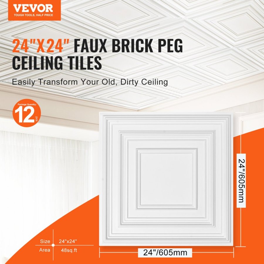 VEVOR Ceiling Tiles 12-Pack 61 cm x 61 cm PVC Easy Installation White Peg Pattern