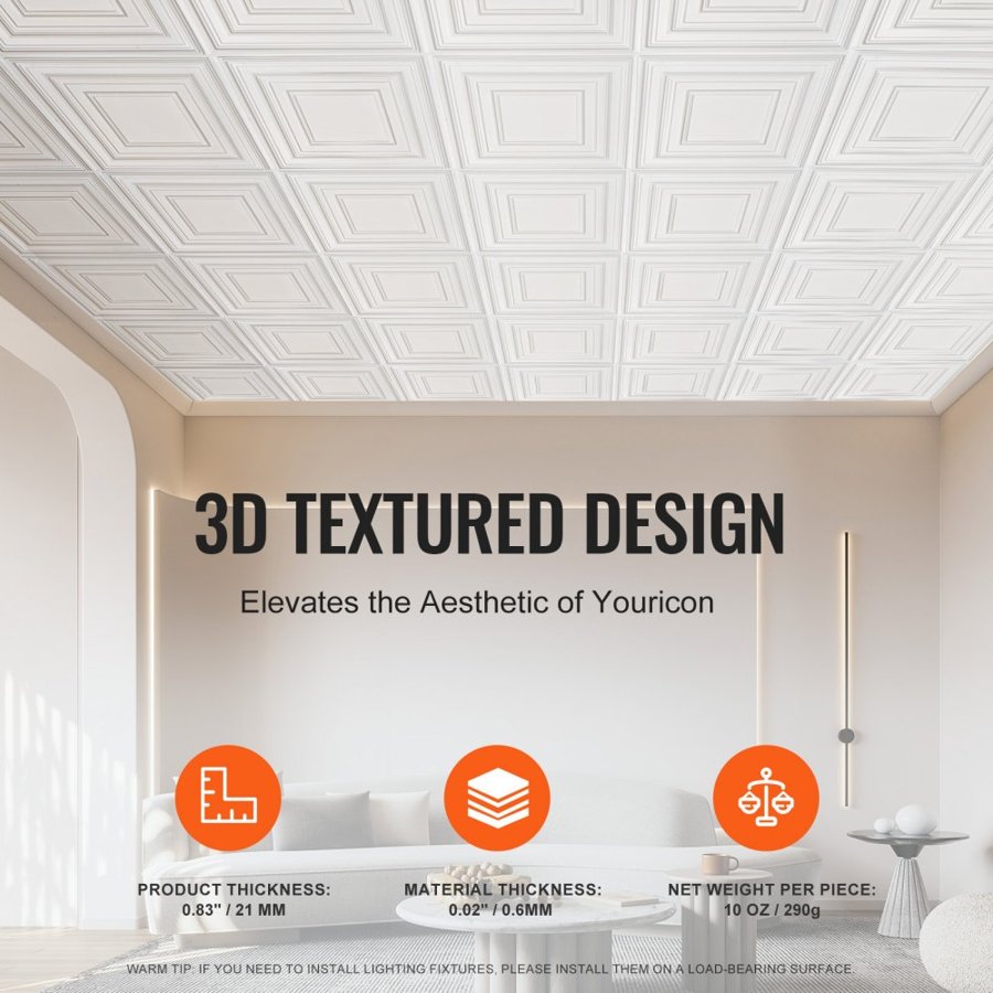 VEVOR Ceiling Tiles 12-Pack 61 cm x 61 cm PVC Easy Installation White Peg Pattern
