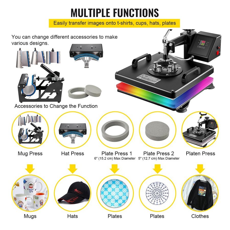 VEVOR 8-in-1 15×15″ Sublimation Press – T-Shirt, Mug, Hat