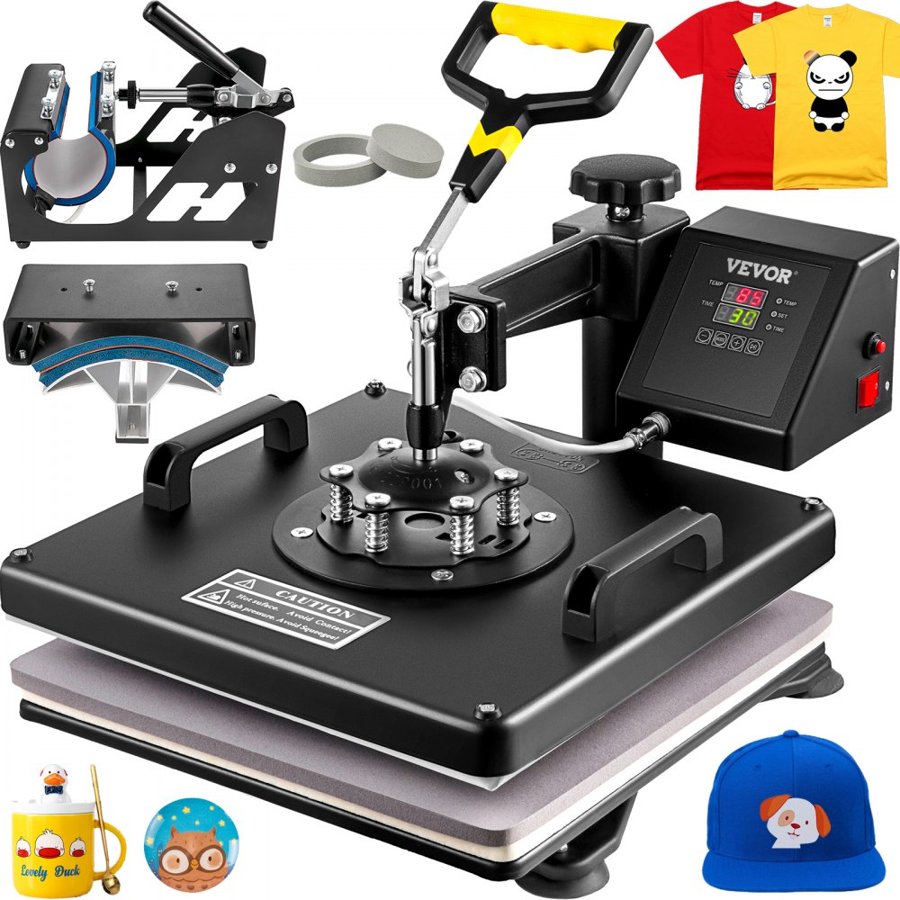 VEVOR Heat Press Machine, 15 x 15 Inch, 5 in 1 Combo Swing Away T-Shirt Sublimation Transfer Printer with Teflon Coated, Mug/Hat/Plate Accessories Included, ETL/FCC Certificated, Black