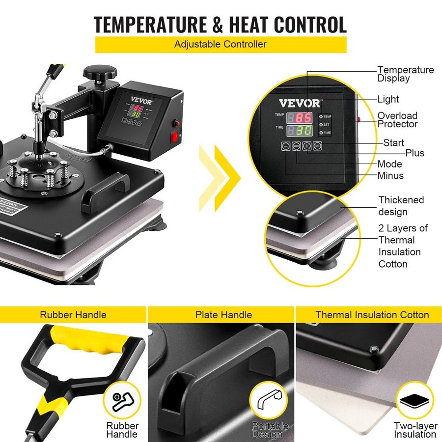 VEVOR Heat Press Machine, 15 x 15 Inch, 5 in 1 Combo Swing Away T-Shirt Sublimation Transfer Printer with Teflon Coated, Mug/Hat/Plate Accessories Included, ETL/FCC Certificated, Black