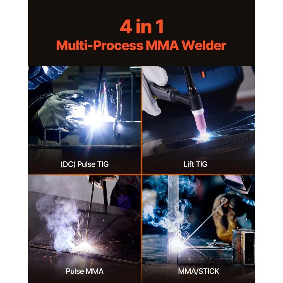 VEVOR MMA metinātājs, 140 A 4 vienā metināšanas iekārta MMA (elektrodu)/DC impulsa MMA/DC impulsa TIG/Lift, digitālā vadība, IGBT invertors, karstais starts