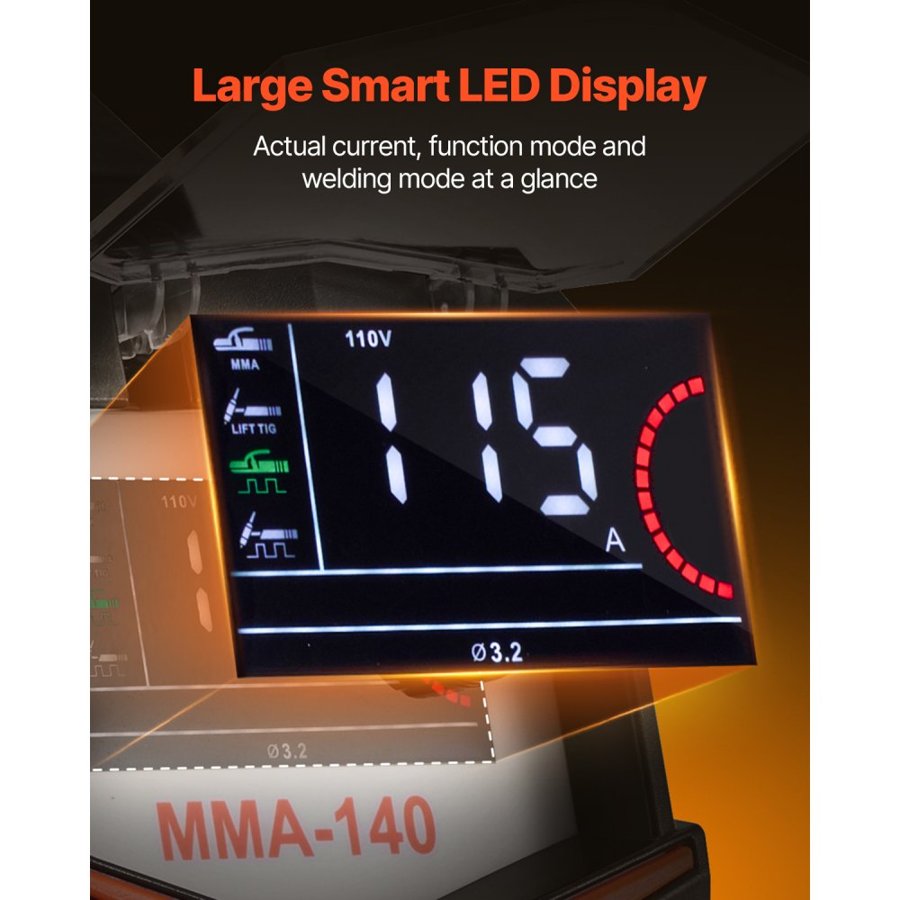 VEVOR MMA metinātājs, 140 A 4 vienā metināšanas iekārta MMA (elektrodu)/DC impulsa MMA/DC impulsa TIG/Lift, digitālā vadība, IGBT invertors, karstais starts
