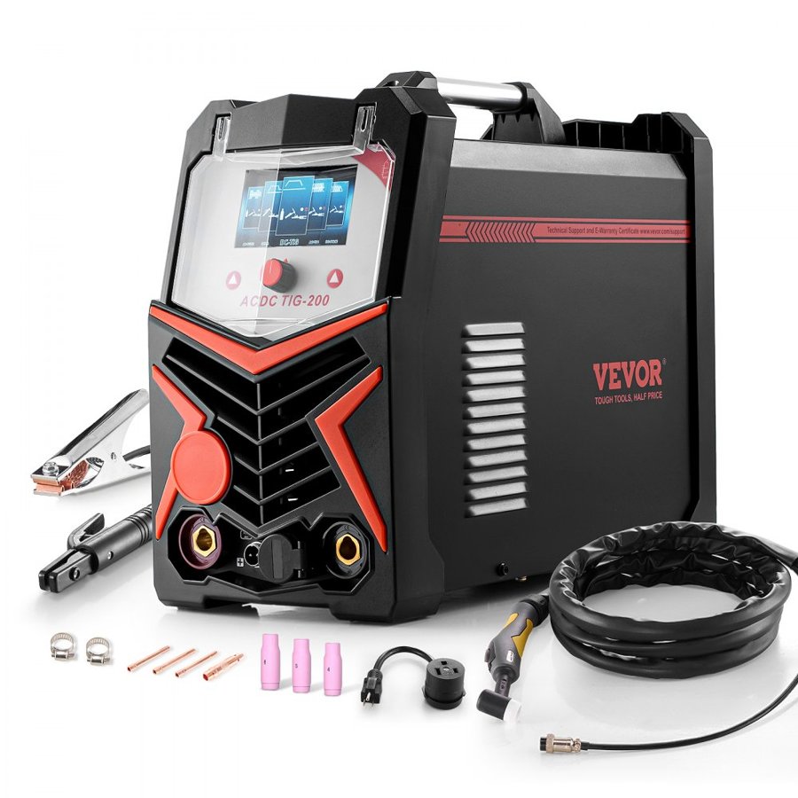 VEVOR TIG Welder, 200A 6-In-1 Aluminum Welding Machine (LED Display) - AC TIG/DC TIG/AC Pulse TIG/DC Pulse TIG/Spot TIG/MMA(Stick), Electric Welder with Synergic Control IGBT