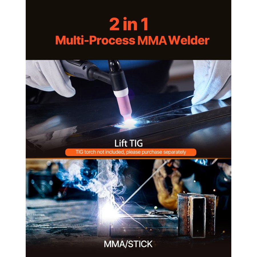 VEVOR MMA metinātājs, 205 A 2 vienā MMA Lift TIG elektrodu metināšanas iekārta, IGBT invertors pārnēsājams metinātājs, pret pielipšanu (Lift deglis nav iekļauts)