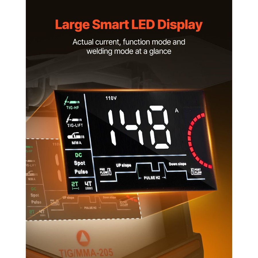 VEVOR TIG Welder, 205A 3-In-1 Welding Machine (Large LED Display)- DC TIG/DC Pulse TIG/MMA(Stick), Electric Welder with IGBT Inverter High-Frequency Start