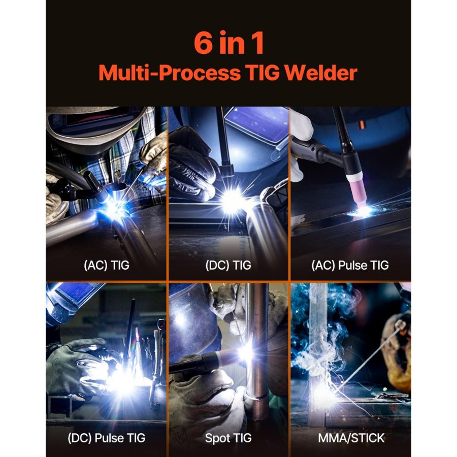 VEVOR TIG Welder, 225A 6-In-1 Aluminum Welding Machine (Large LED Display)- AC TIG/DC TIG/AC Pulse TIG/DC Pulse TIG/Spot TIG/MMA(Stick), Electric Welder with IGBT Inverter