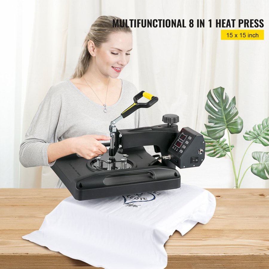 VEVOR Heat Press Machine 38.1x38.1 cm 8 In 1 Heat Press 1000W Sublimation Machine 360° Rotation Swing Away Heat Press 8 In 1 Shirt Printing Machine Dual-Tube Heating for DIY T-Shirts Cap Mugs (Black)