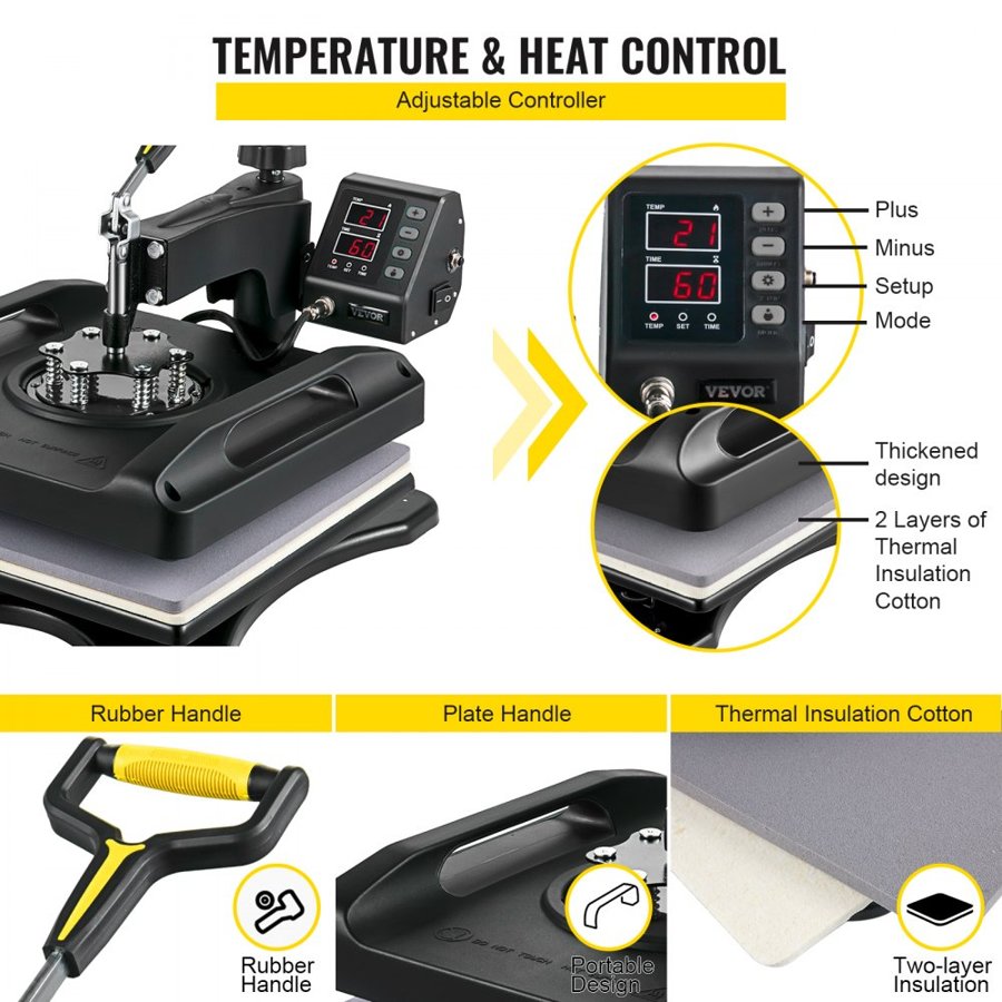 VEVOR Heat Press Machine 38.1x38.1 cm 8 In 1 Heat Press 1000W Sublimation Machine 360° Rotation Swing Away Heat Press 8 In 1 Shirt Printing Machine Dual-Tube Heating for DIY T-Shirts Cap Mugs (Black)