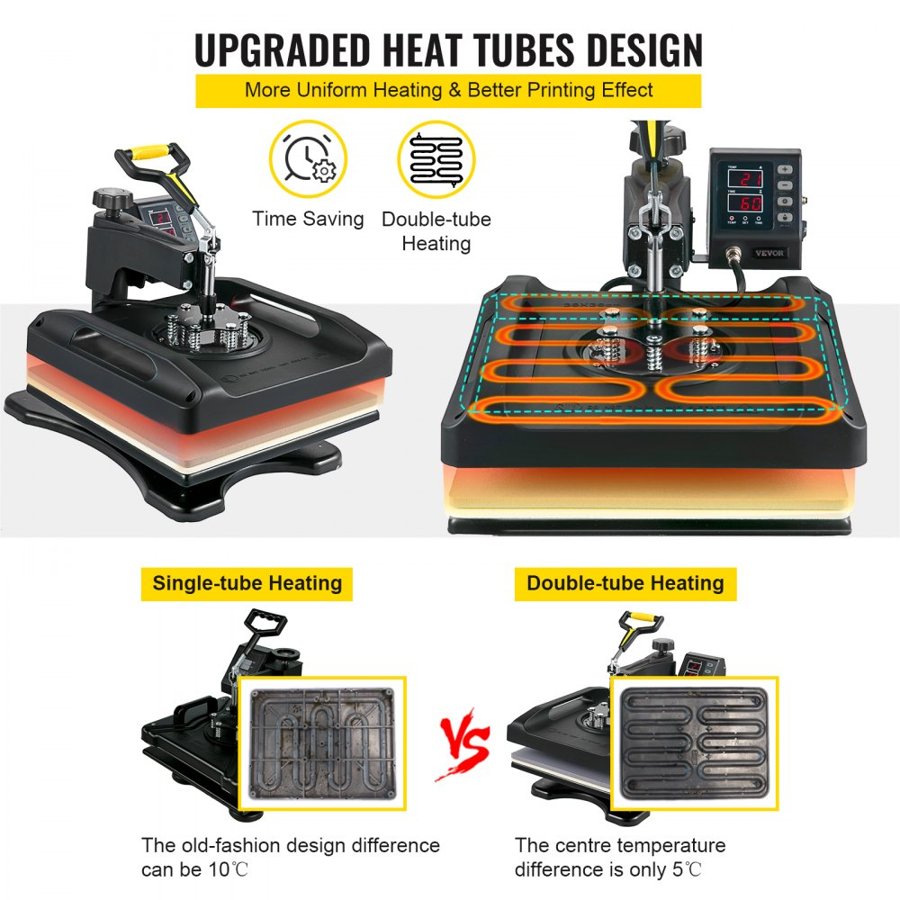 VEVOR Heat Press Machine 38.1x38.1 cm 8 In 1 Heat Press 1000W Sublimation Machine 360° Rotation Swing Away Heat Press 8 In 1 Shirt Printing Machine Dual-Tube Heating for DIY T-Shirts Cap Mugs (Black)