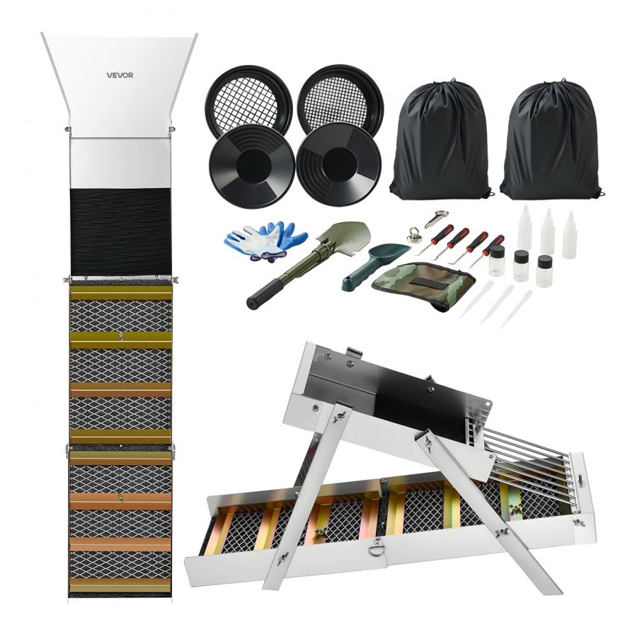 VEVOR Highbanker Gold Panning Kit, 1270 mm 3-in-1 Folding High Banker Gold Sluice Box, 26 PCS Portable Mining Equipment Prospecting Kit with Gold Pans, Classifier Screen, Magnet, Backpack, Accessories