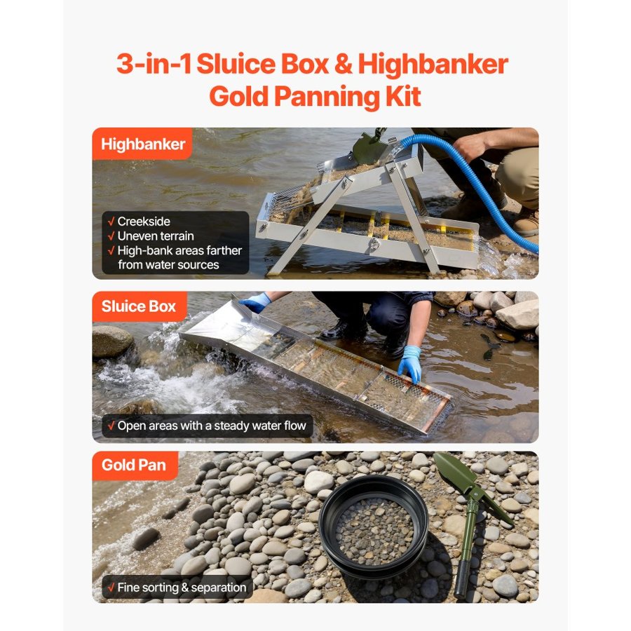 VEVOR Highbanker Gold Panning Kit, 1270 mm 3-in-1 Folding High Banker Gold Sluice Box, 26 PCS Portable Mining Equipment Prospecting Kit with Gold Pans, Classifier Screen, Magnet, Backpack, Accessories