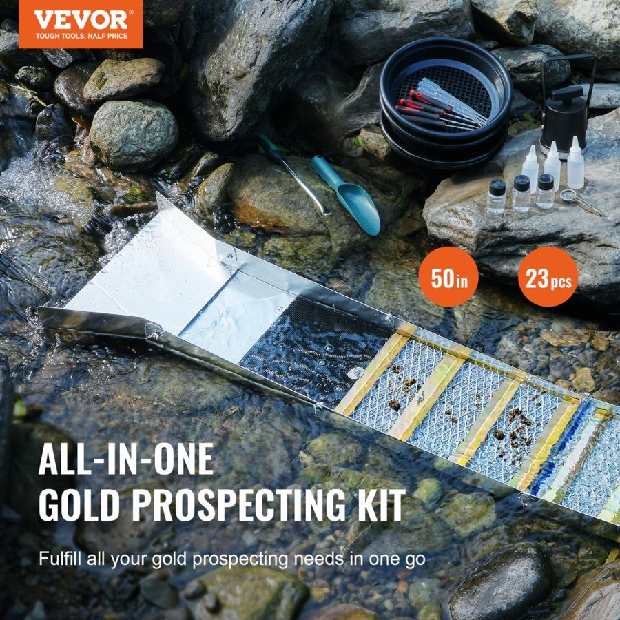 VEVOR Gold Panning Kit With Sluice Box, 127 cm Aluminum Gold Mining Equipment, 23 PCS Gold Prospecting Kit with Gold Pan, Classifier Screen, Separating Magnet, Drawstring Backpack and Accessories