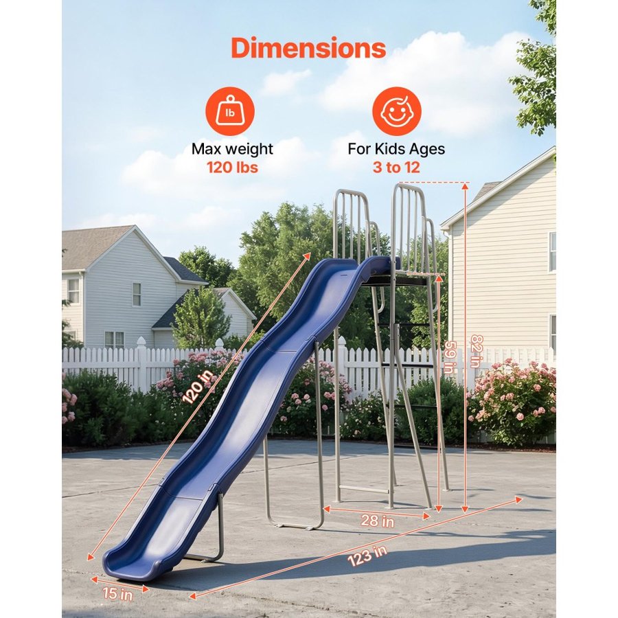 VEVOR Water Slide, Big 305cm Outdoor Waterslide for Kids, Free Standing Pool Slide with Built in Adjustable Sprinkler and Climbing Ladder, Metal Plastic Playground Equipment, Platform for Backyard Fun